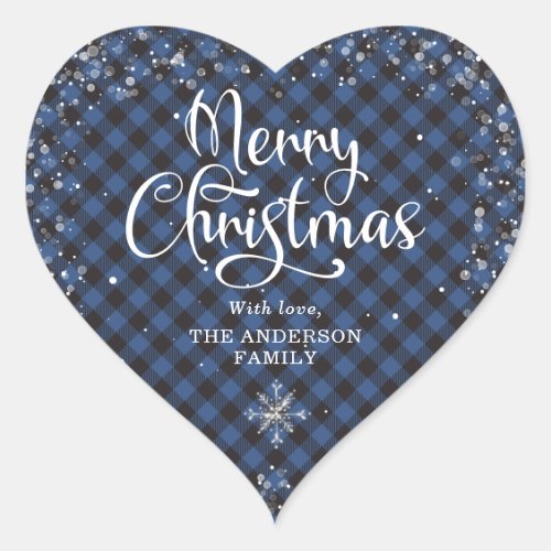 Blue Snowy Plaid Calligraphy Merry Christmas Heart Sticker