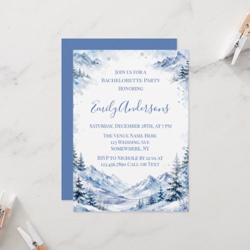 Blue Snowy Watercolor Mountains Bachelorette Party Invitation