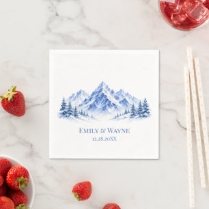 Blue Snowy Watercolor Mountains Wedding Napkins