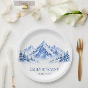 Blue Snowy Watercolor Mountains Wedding Paper Plates