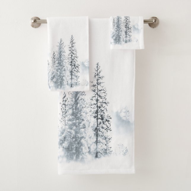 Blue Snowy Winter Trees Bath Towel Set (Insitu)
