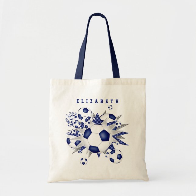 blue soccer ball blowout girls name tote bag (Front)