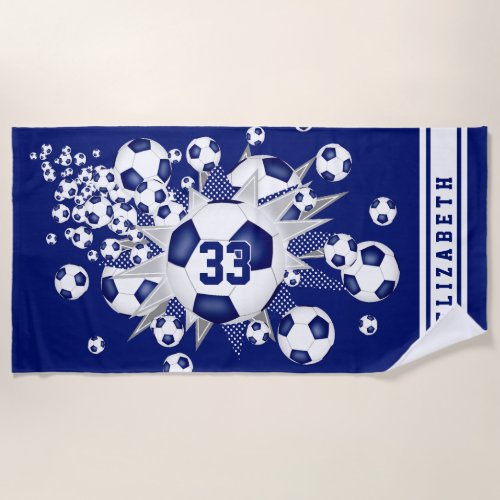 blue soccer ball blowout her name jersey number beach towel