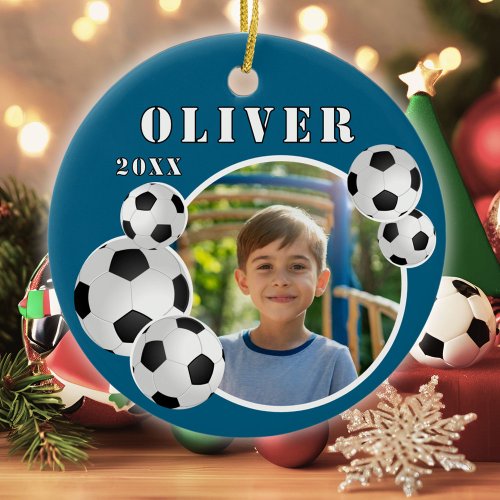 Blue Soccer Ball Football Sports Photo Ceramic Ornament