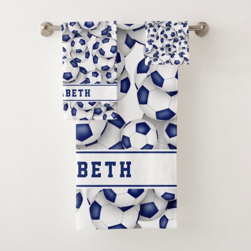 blue soccer balls pattern athlete or coach bath towel set