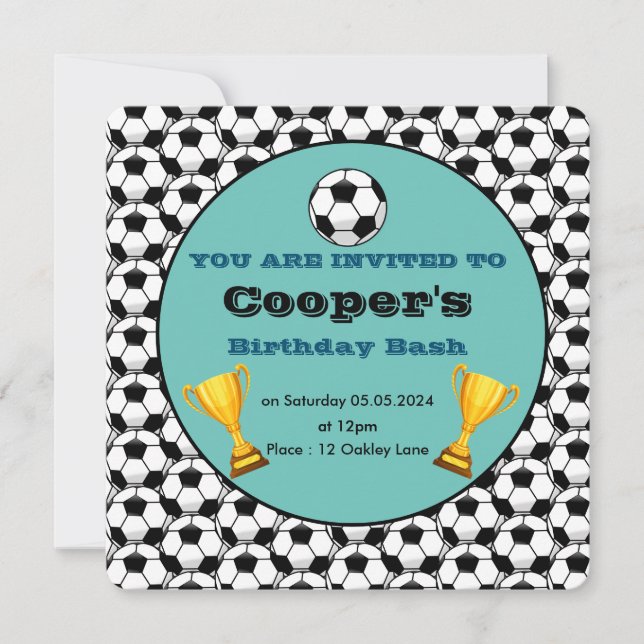 Blue soccer birthday  invitation (Front)