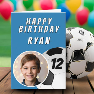Blue Soccer Football Ball Photo Birthday Card