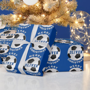 Blue Soccer Football Balls Kids Name Christmas Wrapping Paper
