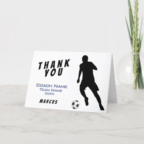 Blue Soccer Football Player Thank you Coach Card