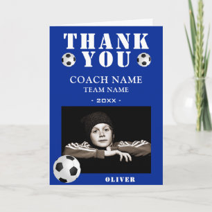 Blue Soccer Football Sports Photo Coach  Letterpress Thank You Card