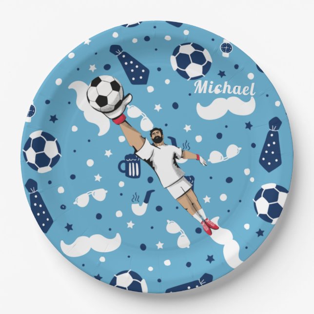 Blue Soccer Goalie Goalkeeper Player's Kid's Name  Paper Plates (Front)