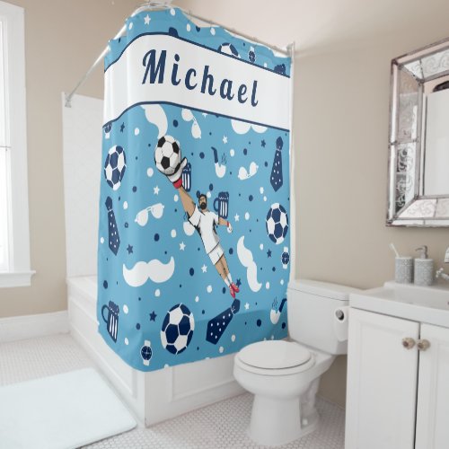 Blue Soccer Goalie Goalkeeper Players Kids Name  Shower Curtain
