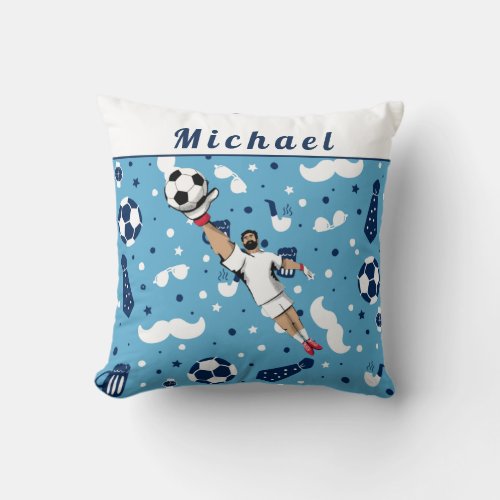Blue Soccer Goalie Goalkeeper Players Kids Name  Throw Pillow