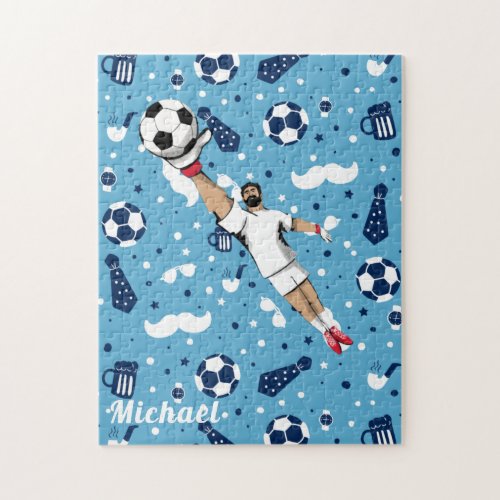 Blue Soccer Player Ball Pattern Kids Name Sports Jigsaw Puzzle