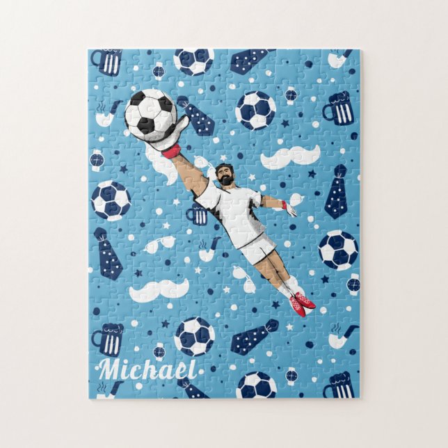 Blue Soccer Player Ball Pattern Kids Name Sports Jigsaw Puzzle (Vertical)