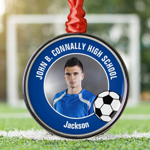 Blue Soccer Player Photo High School Christmas Metal Ornament