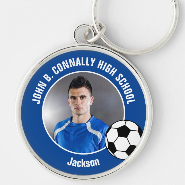 Blue Soccer Player Photo High School Keychain (Front)