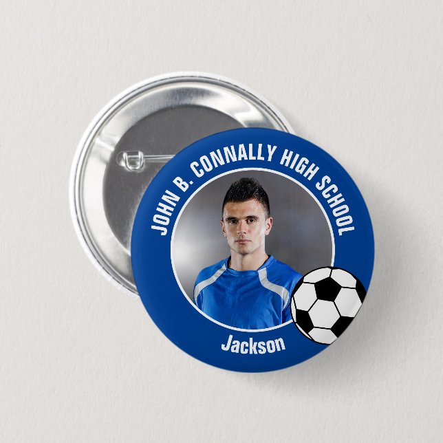 Blue Soccer Player Photo High School Spirit Button (Front & Back)