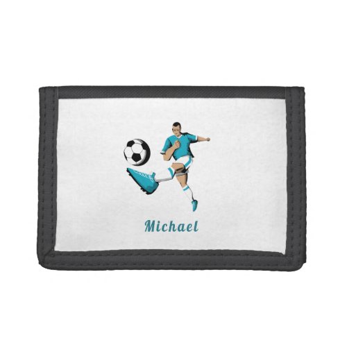 Blue Soccer Player Silhouette Boys Kids Name Sport Trifold Wallet