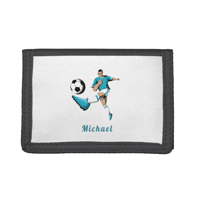 Blue Soccer Player Silhouette Boys Kids Name Sport Trifold Wallet (Front)