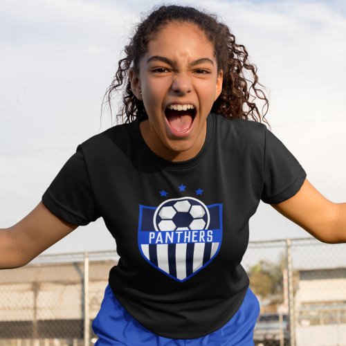 Blue Soccer Shield Team Player Name and Number T_Shirt