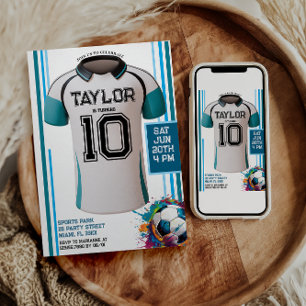 blue soccer Sports Boy Jersey Kids Birthday Party Invitation