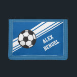 Blue Soccer Sporty Sport Stripes Boys Wallet<br><div class="desc">This sporty design has a bright blue background with white diagonal stripes.  It also has a soccer ball and allows for personalization with a name.</div>