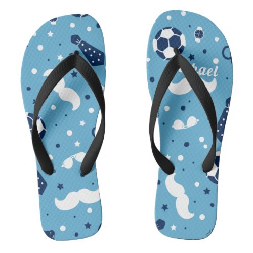 Blue Soccer Theme Design with Kids Players Name Flip Flops