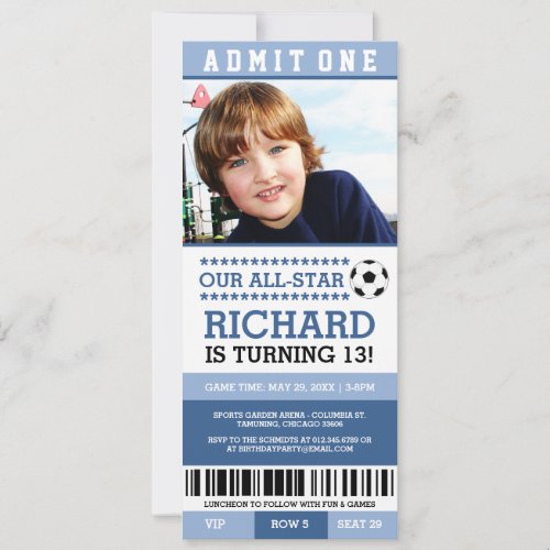 Blue Soccer Ticket Birthday Invites