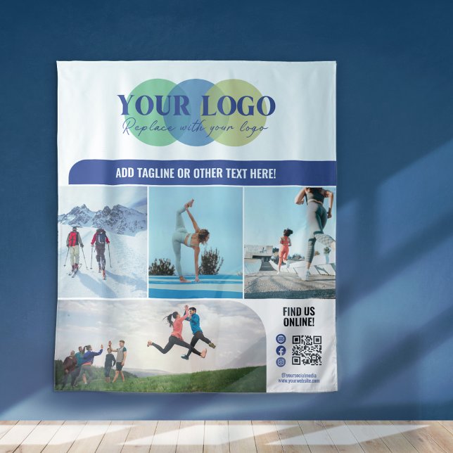 Blue Social Media Icons Logo Photos QR Promo Tapestry (Creator Uploaded)
