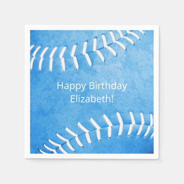 Blue softball custom birthday party napkins (Front)