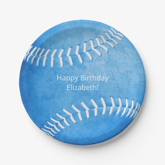 Blue softball custom birthday party paper plates