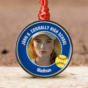 Blue Softball Player Photo High School Christmas Metal Ornament