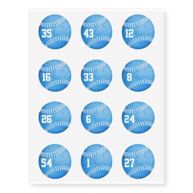 Blue softball set of 12 tattoos w jersey numbers (Front)