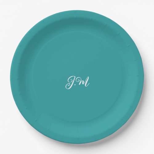 Blue solid color trendy pastel initials name paper plates