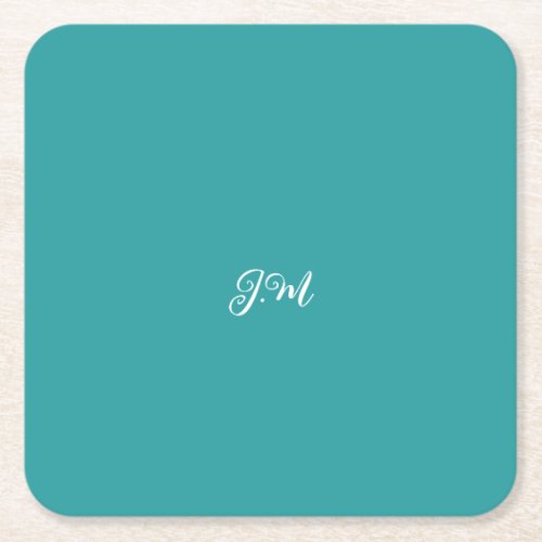 Blue solid color trendy pastel initials name square paper coaster