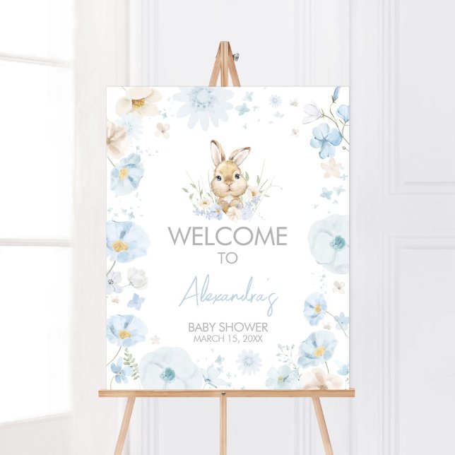 Blue Somebunny Rabbit Baby Shower Welcome Poster (Blue Rabbit Somebunny Baby Shower Welcome Sign)