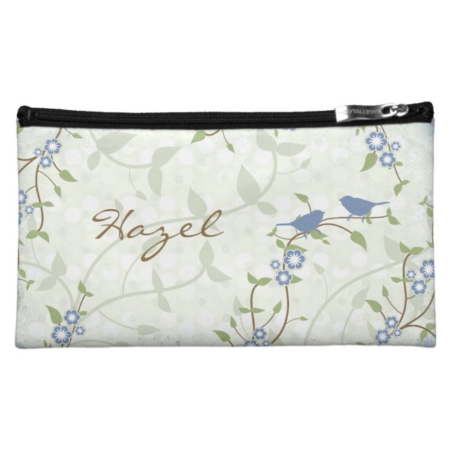 Blue Song Birds Flowers Floral Personalized Makeup Bag (Front)
