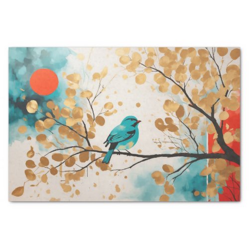 Blue Songbird On Golden Leaves Tree Branch Tissue Paper