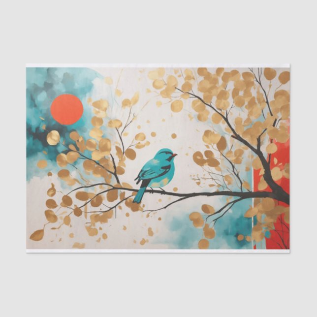 Blue Songbird On Golden Leaves Tree Branch Tissue Paper (Front)