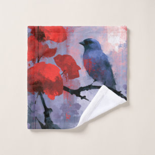 Blue Songbird with Cherry Red Blossoms Bath Towel Set
