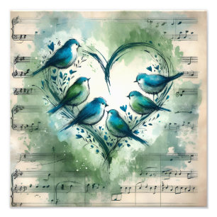 Blue Songbirds Heart Watercolor with Vintage Sheet Photo Print