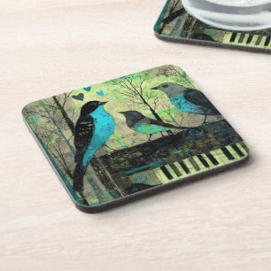 Blue Songbirds Perched On Vintage Piano Beverage Coaster