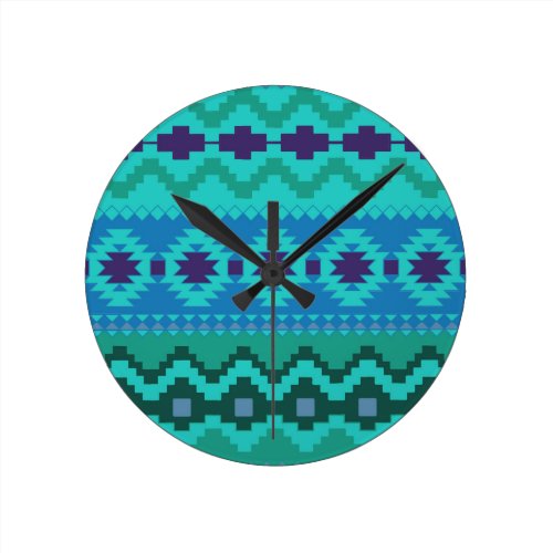 blue southwest pattern -  western abstract art round wallclocks