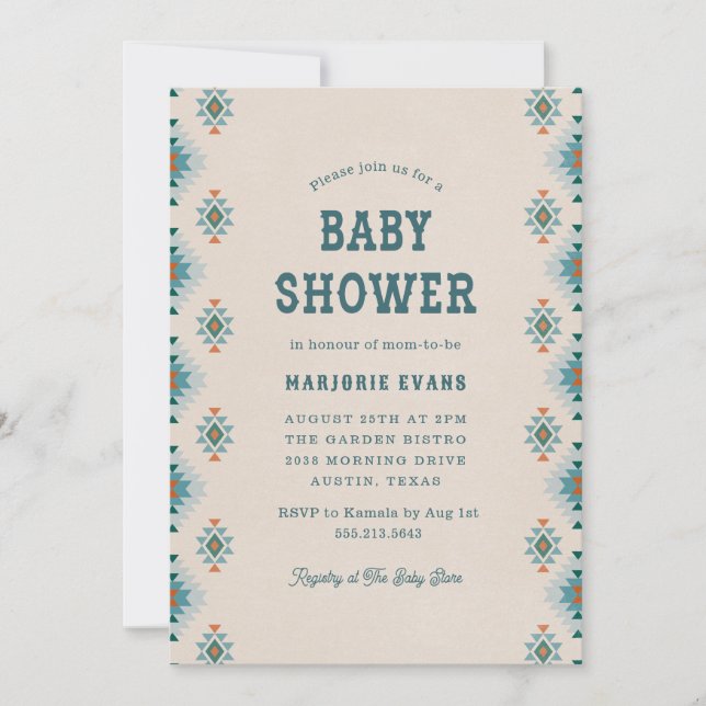 Blue Southwestern Aztec Pattern Baby Shower Invitation (Front)