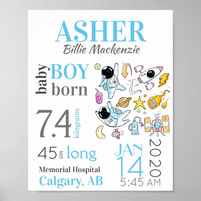 Blue Space Baby Newborn Birth Stats Sign (Front)