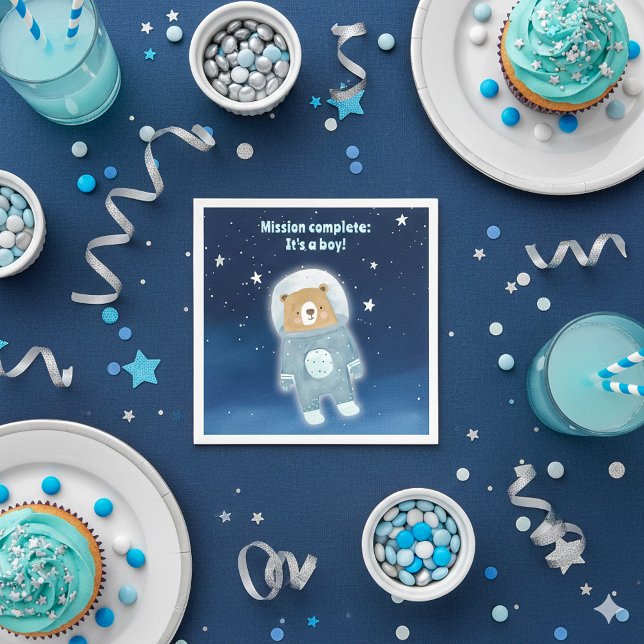 Blue Space Bear Mission Complete Starry Sky Napkins (Blue it's a boy space teddy bear astronaut baby shower gender reveal party napkin.)
