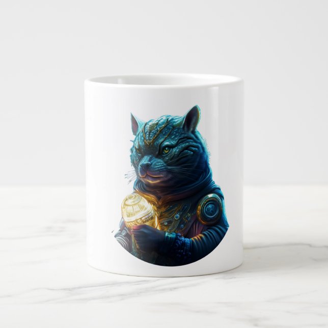 Blue Space Cat Astronaut Holds Glowing Module Giant Coffee Mug (Front)