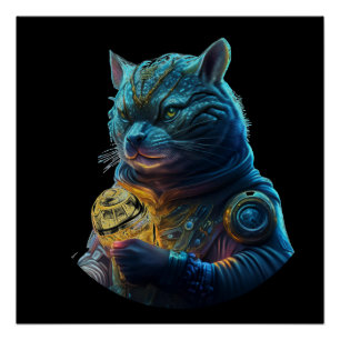 Blue Space Cat Astronaut Holds Glowing Module Poster