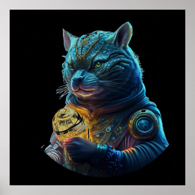 Blue Space Cat Astronaut Holds Glowing Module Poster (Front)